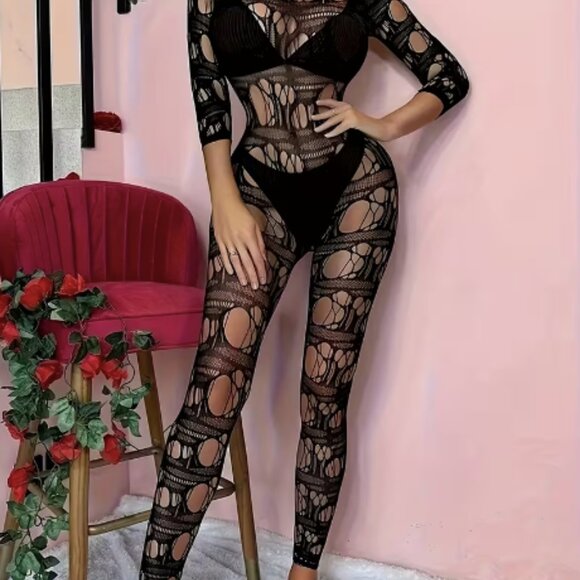 Black Hole Pattern Fishnet Bodysuit - Picture 1 of 8